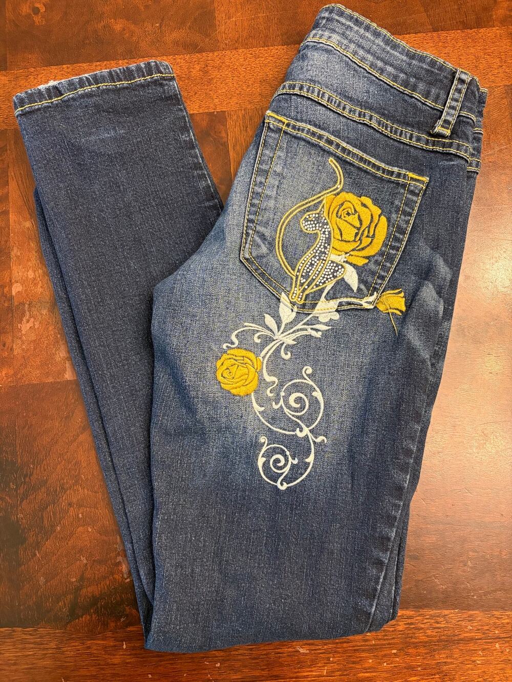 Y2K Baby Phat Jr 13 Skinny Jeans Rhinestone Cat + Rose Embroidery